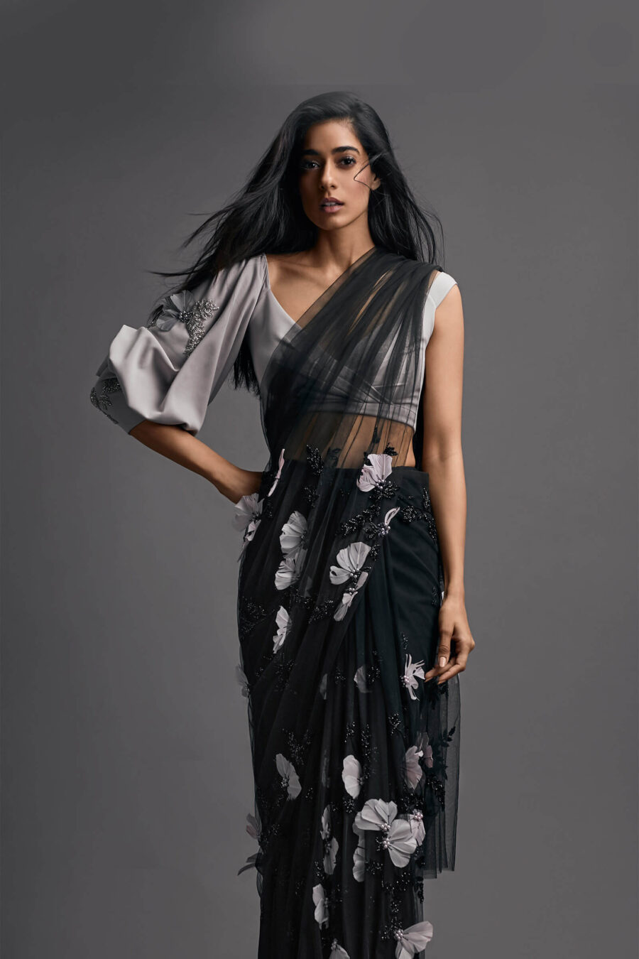 Ombre Prestitched Sari With Pearl Embellished Aanchal And 3D Flower Blouse  – Esha Sethi Thirani