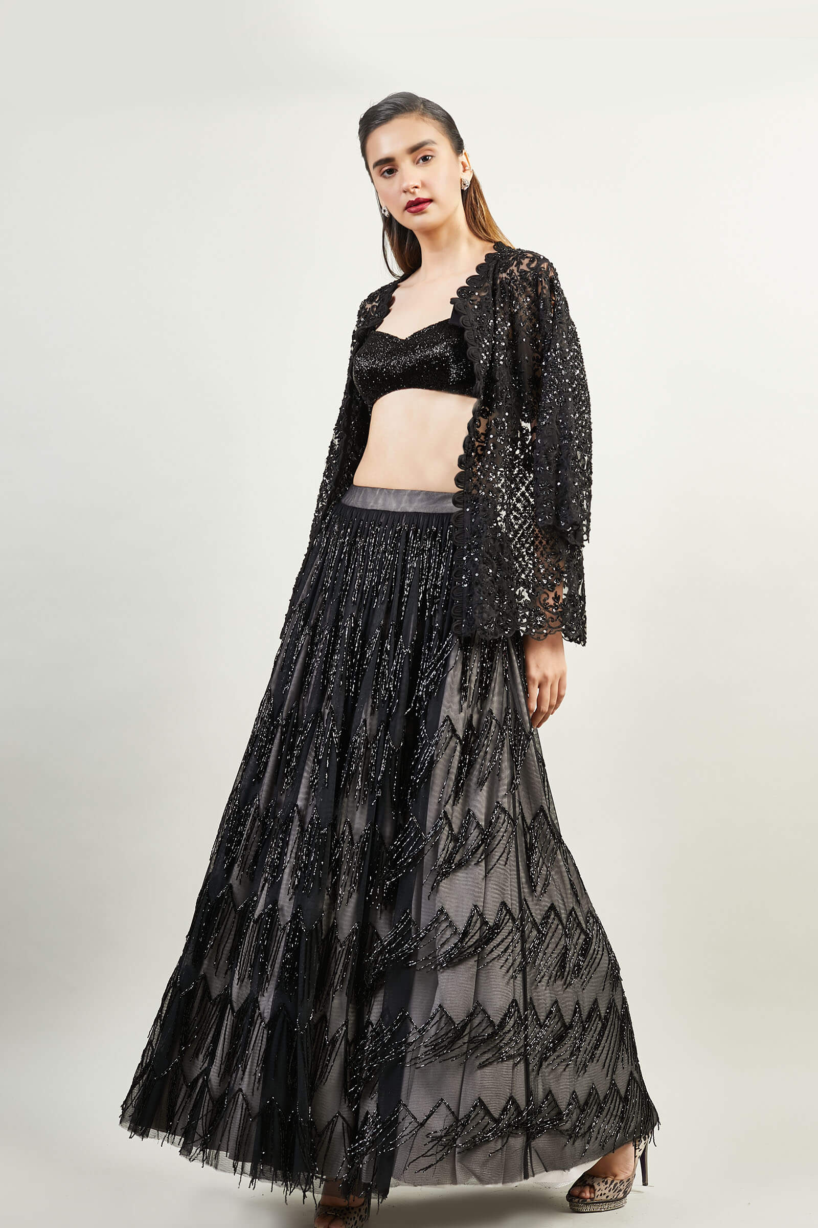 Black Waterfall Skirt With Embellished Blouse And Threadwork Jacket ...