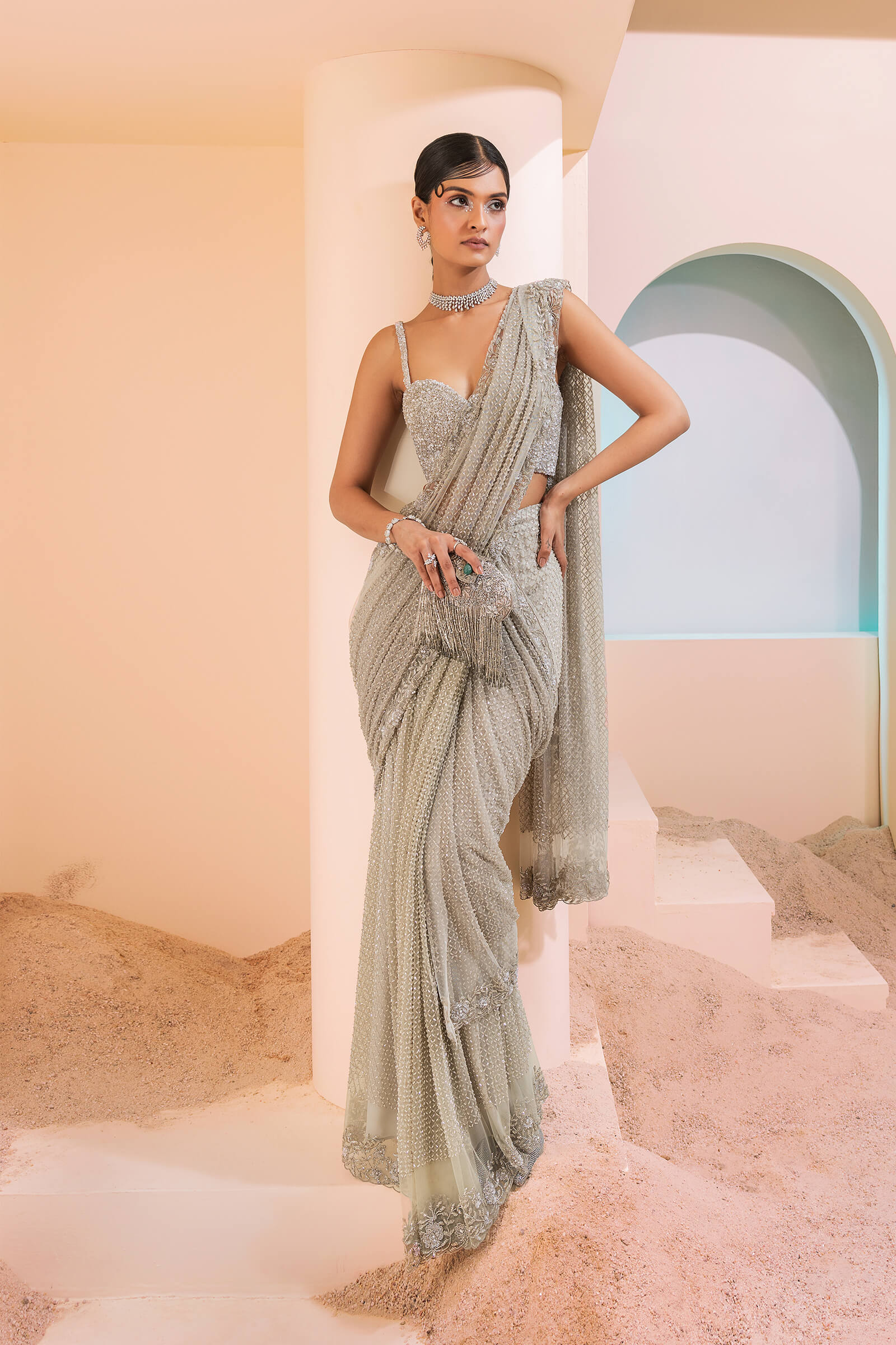 Steel Grey Grid Work Pre-stitched Sari With Beaded Corset