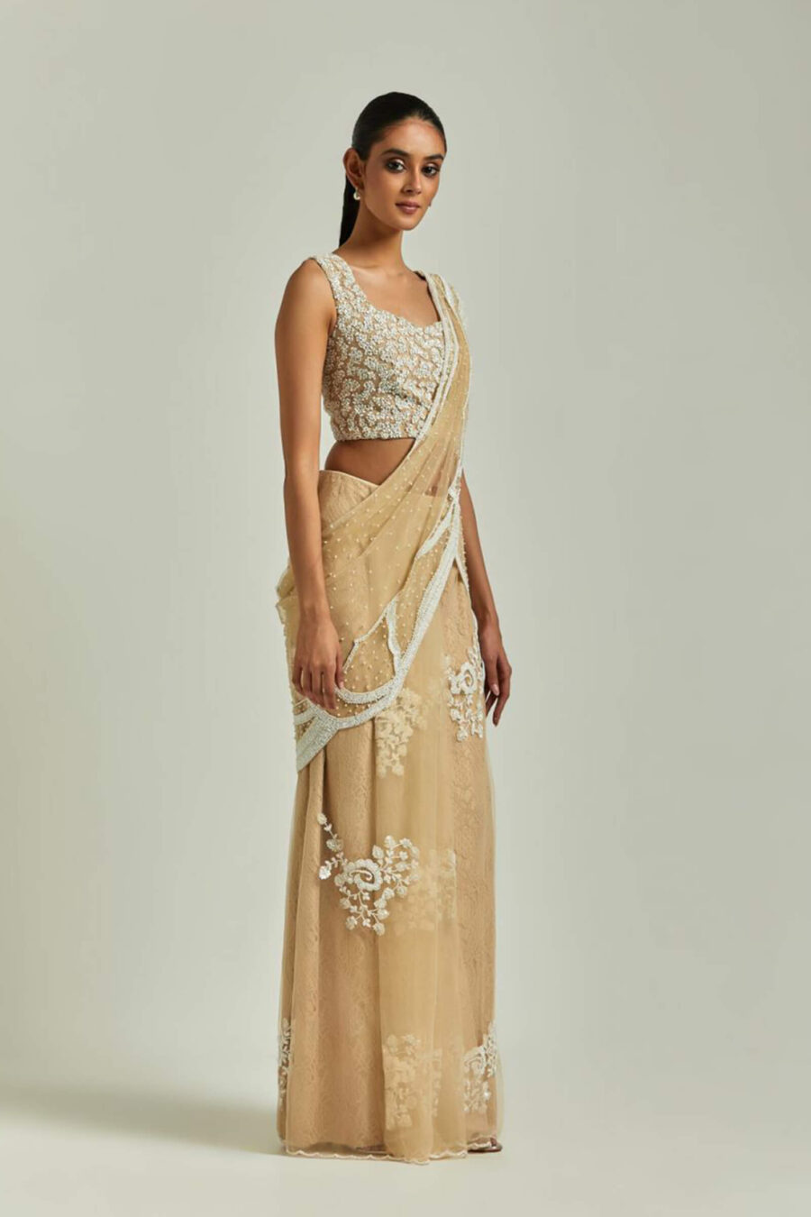 Buy Champagne Net Sequin Saree and Blouse Set by Designer SEEMA GUJRAL  Online at Ogaan.com