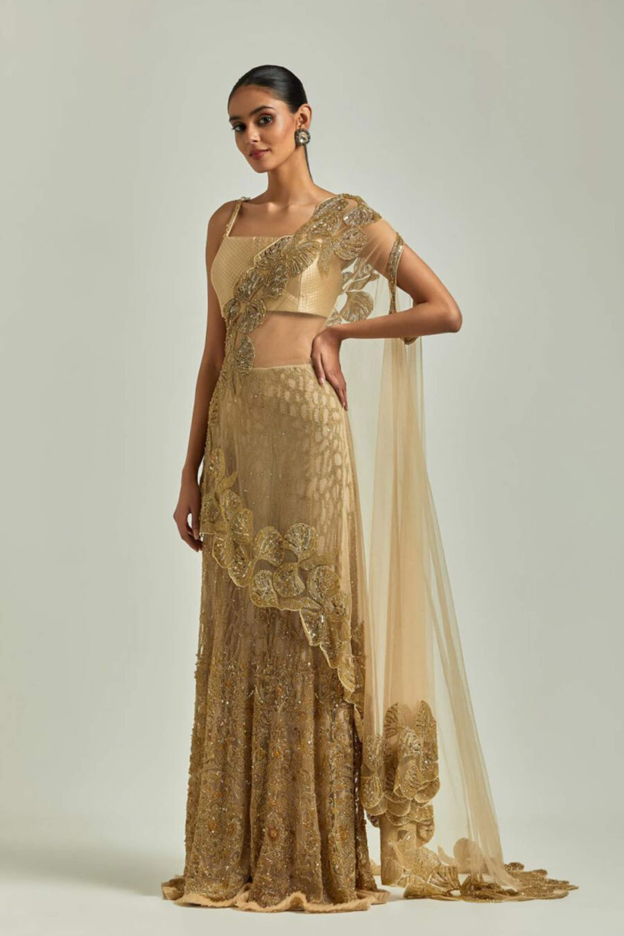 Gold Cutdana Embroidered Lehenga Saree Set Design by Rabani & Rakha at  Pernia's Pop Up Shop 2024