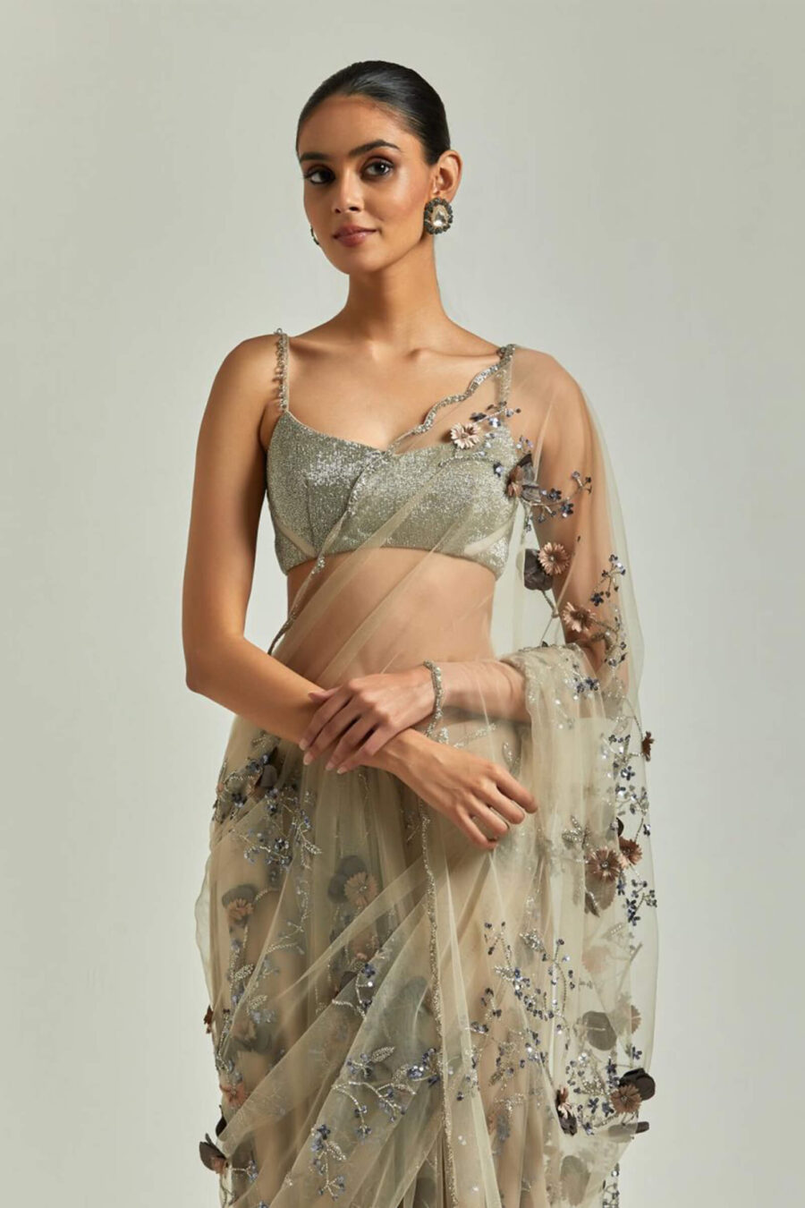Nude 3d Flower Saree With Silver Beaded Blouse – Esha Sethi Thirani